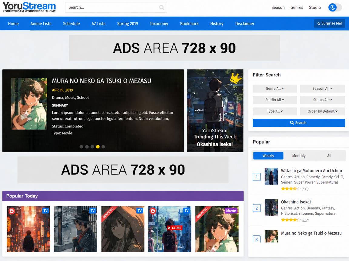 YoruStream WordPress Theme desktop preview