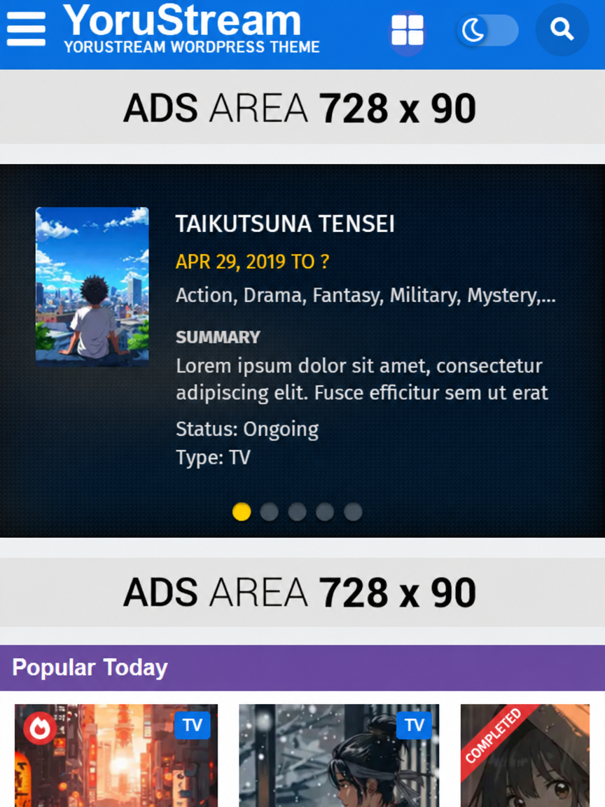 YoruStream WordPress Theme mobile preview